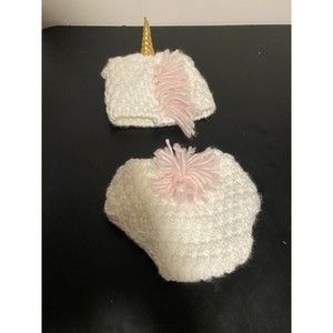 Unicorn Baby Knit Hat and Diaper Cover Set White With Pink Mane And Gold Horn